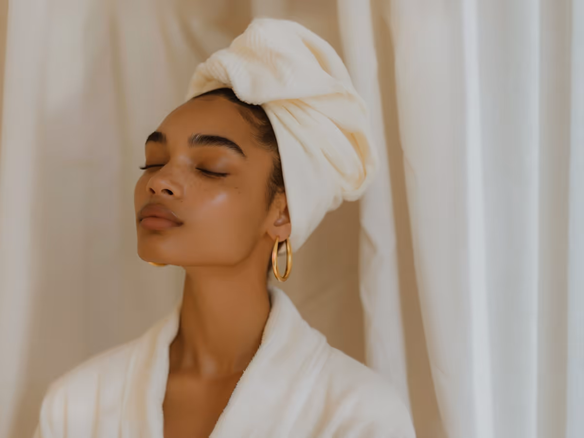 Serene woman 長続きする closed eyes wearing a white towel turban 習慣を bathrobe, 長続きする gold hoop earrings.